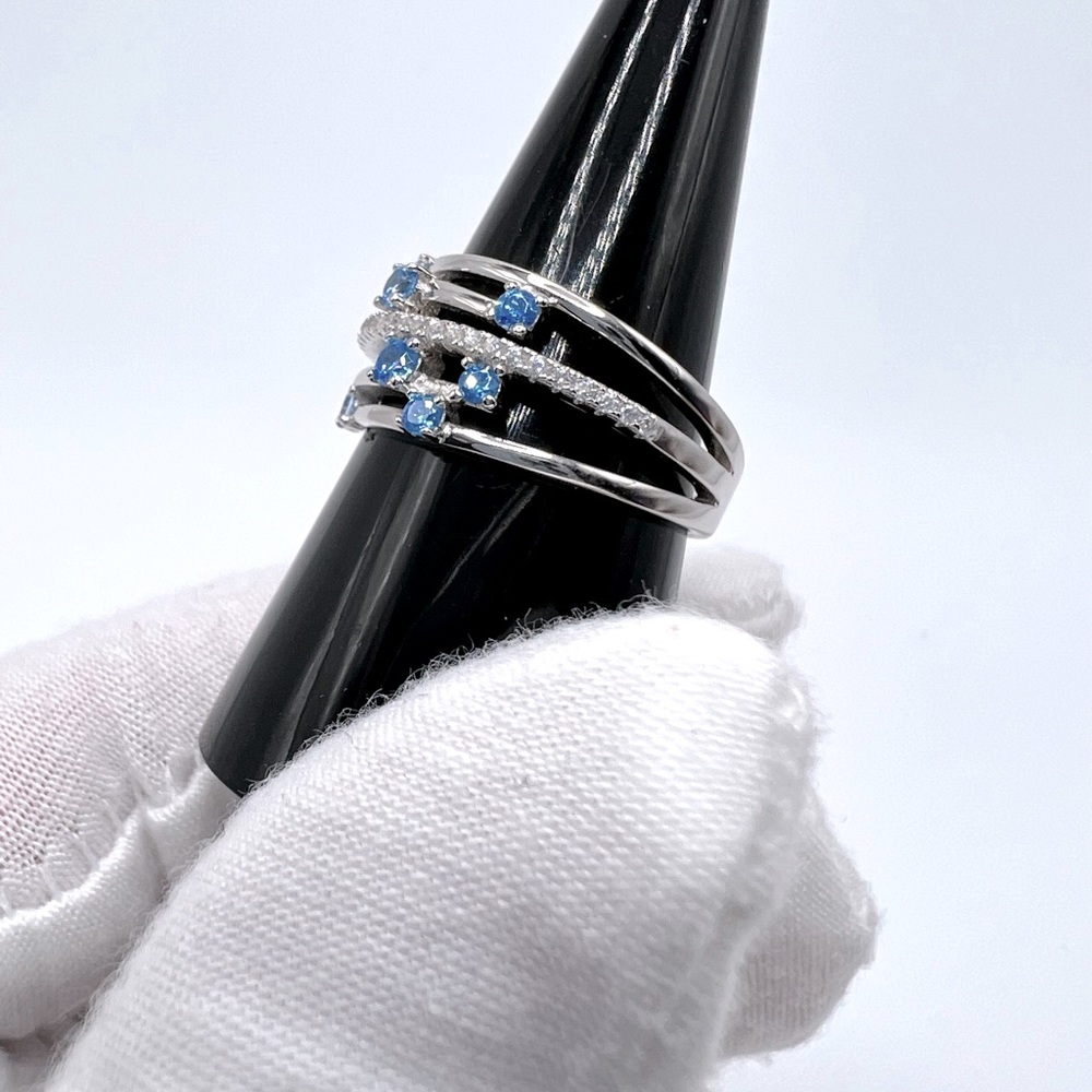 Sterling Silver Blue Topaz Cz & Clear Cz Ring - Picture 4 of 17